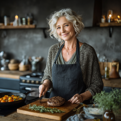 Літня жінка із задоволенням готує здорову страву