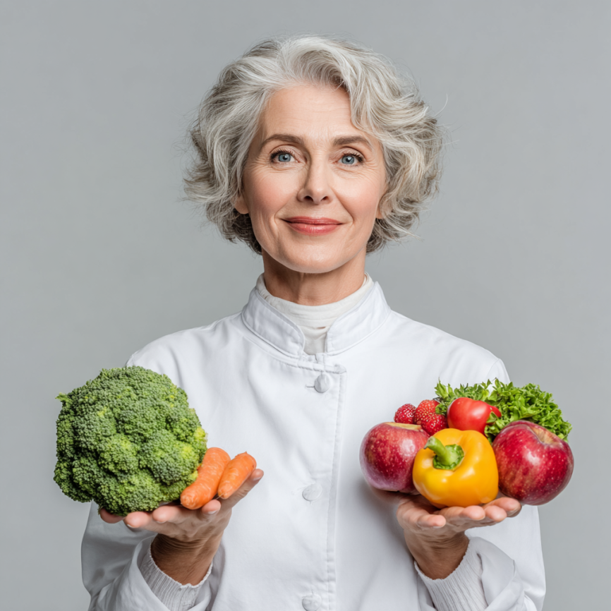 Літня жінка із задоволенням готує здорову страву